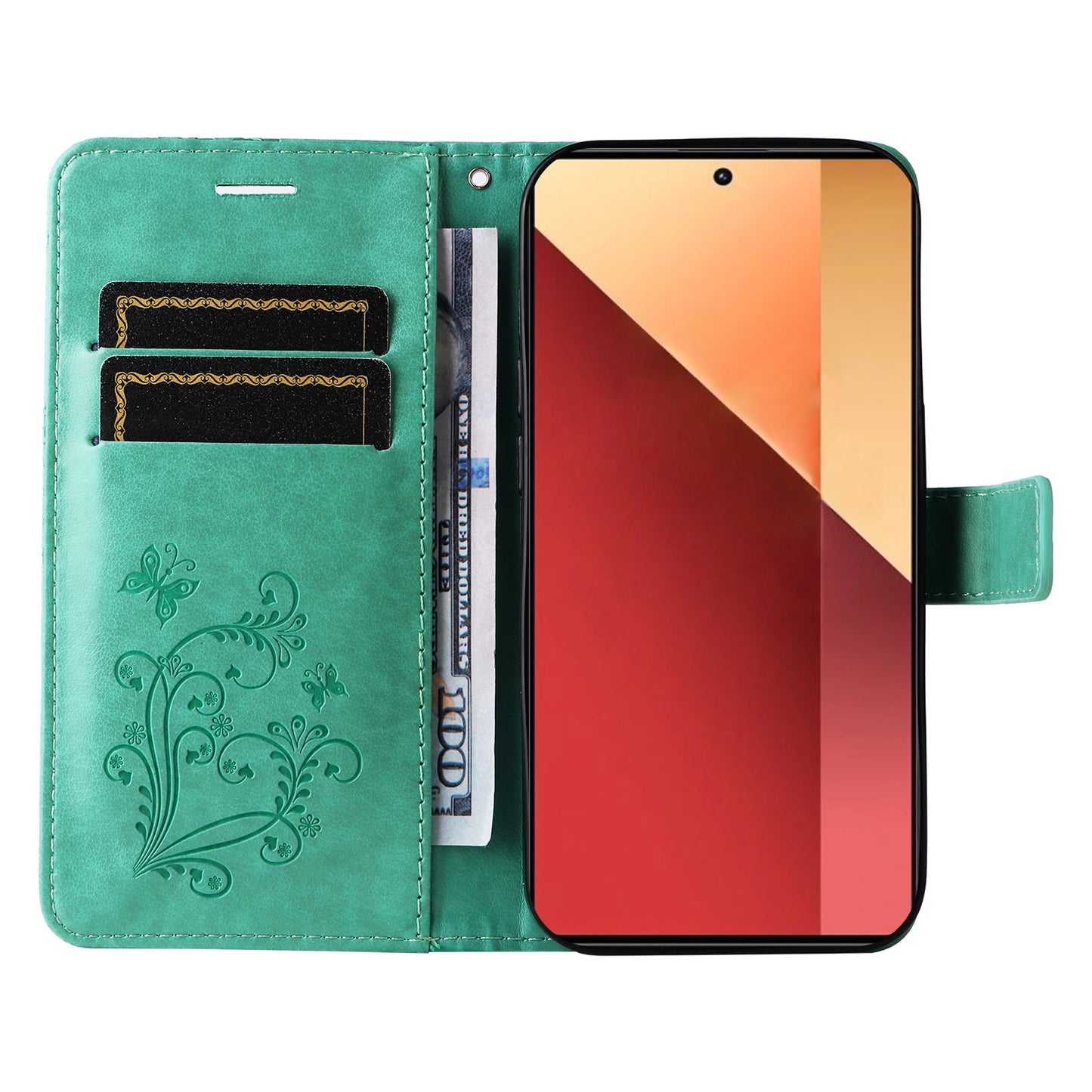 KT Imprinting Flower Series-2 For Xiaomi Redmi Note 13 Pro 4G / Poco M6 Pro 4G Case with Wrist Strap Leather Cover - Green