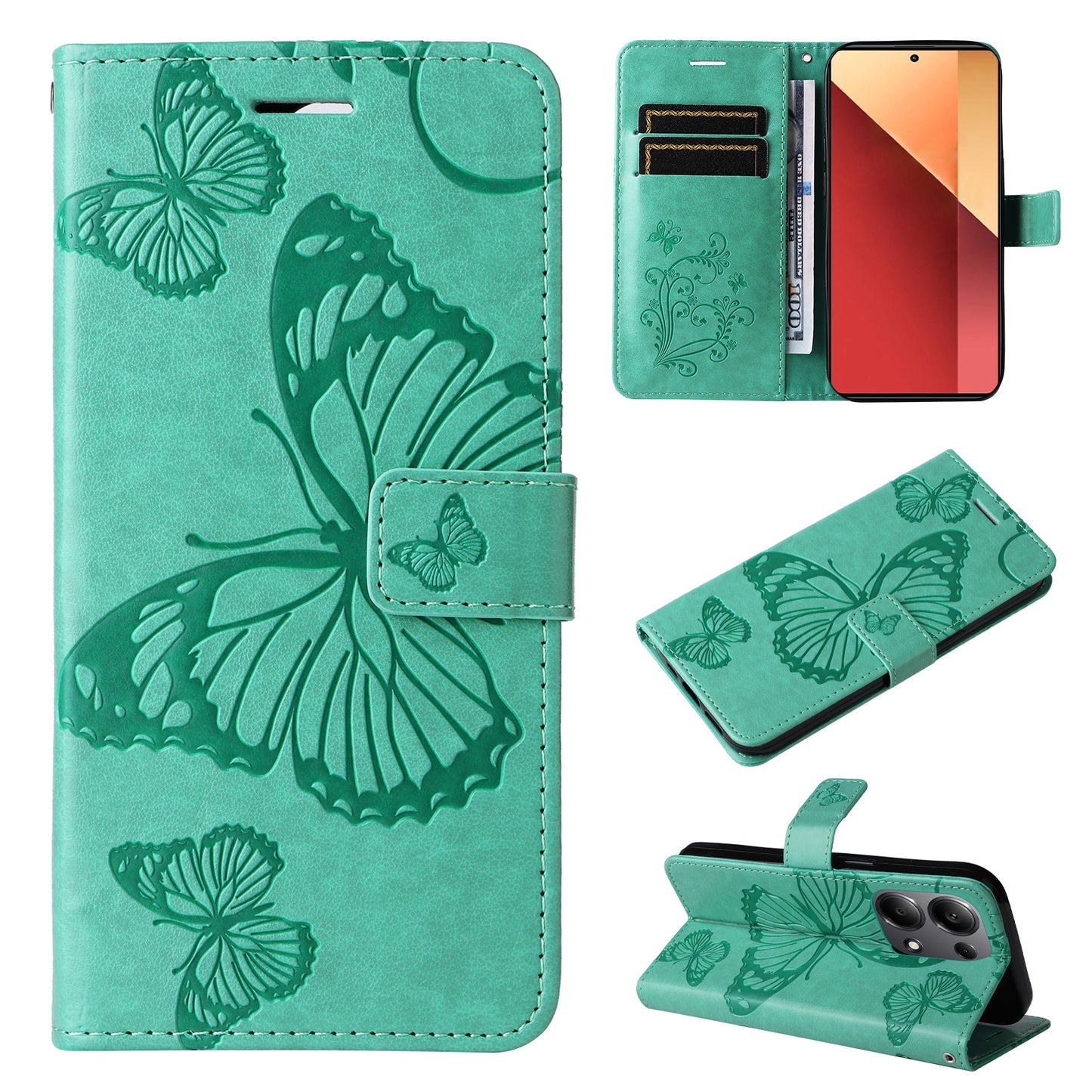 KT Imprinting Flower Series-2 For Xiaomi Redmi Note 13 Pro 4G / Poco M6 Pro 4G Case with Wrist Strap Leather Cover - Green