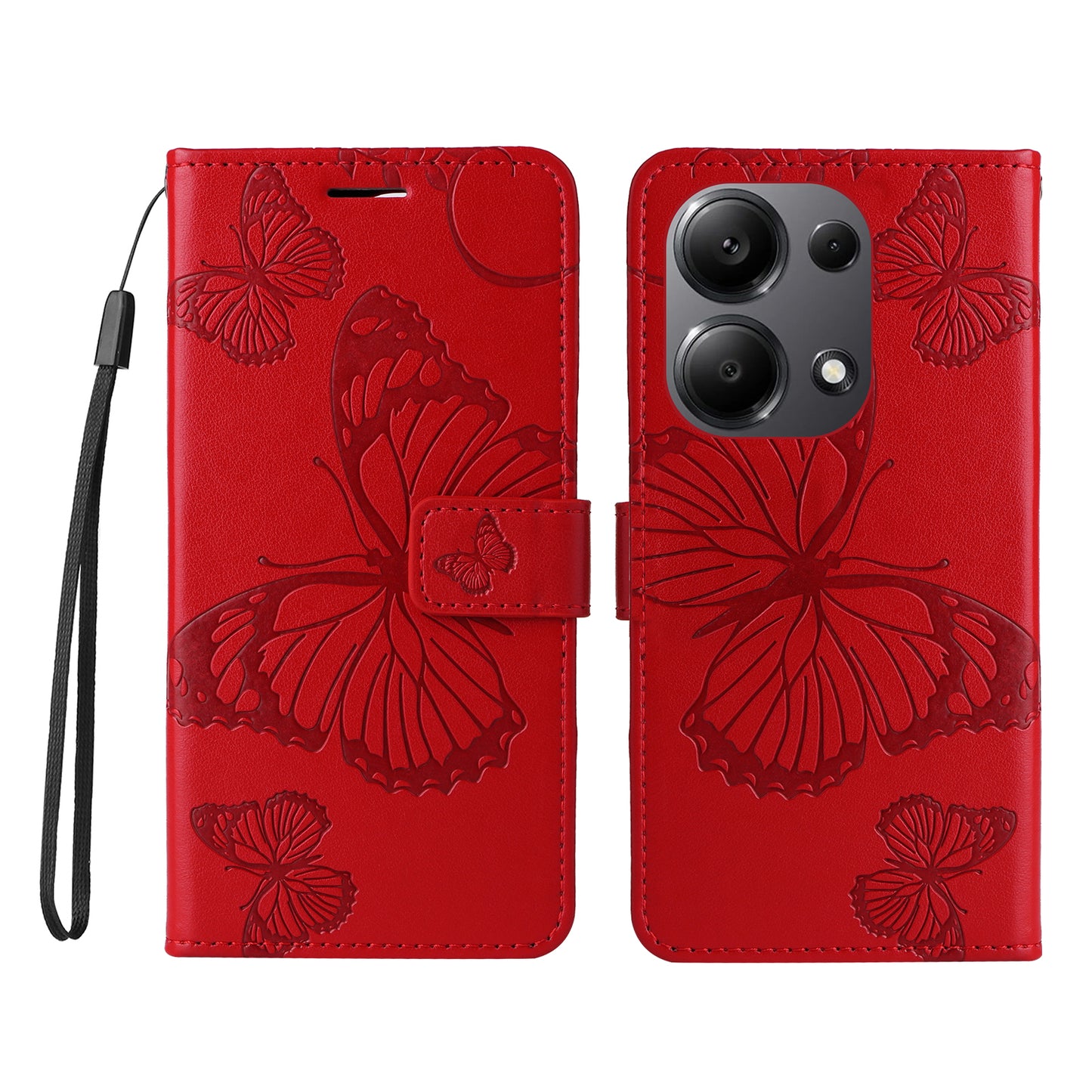 KT Imprinting Flower Series-2 For Xiaomi Redmi Note 13 Pro 4G / Poco M6 Pro 4G Case with Wrist Strap Leather Cover - Red