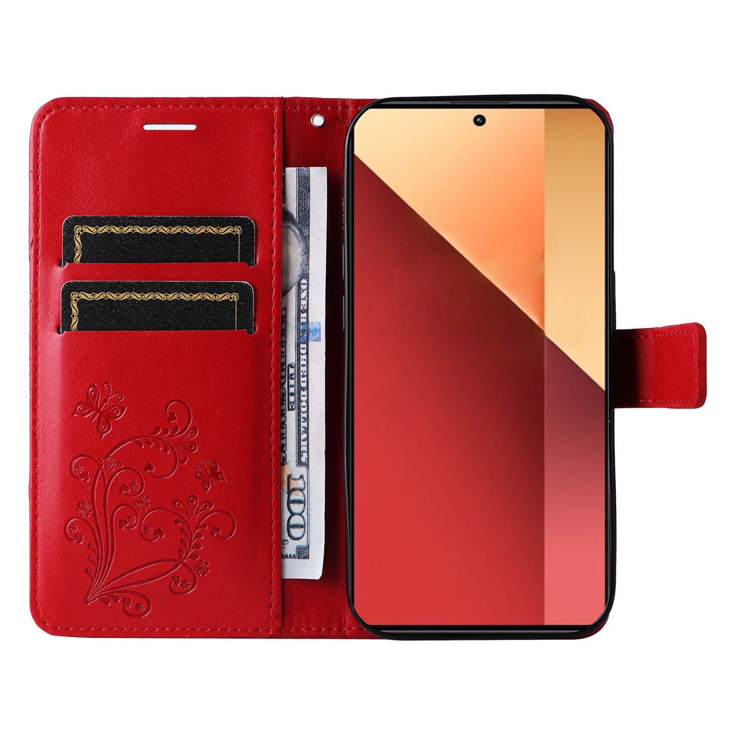 KT Imprinting Flower Series-2 For Xiaomi Redmi Note 13 Pro 4G / Poco M6 Pro 4G Case with Wrist Strap Leather Cover - Red