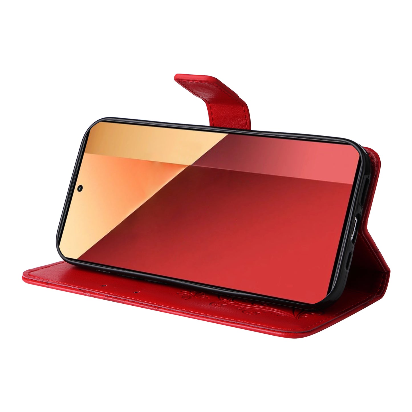 KT Imprinting Flower Series-2 For Xiaomi Redmi Note 13 Pro 4G / Poco M6 Pro 4G Case with Wrist Strap Leather Cover - Red