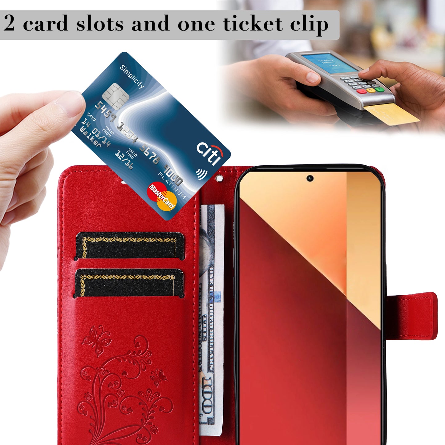 KT Imprinting Flower Series-2 For Xiaomi Redmi Note 13 Pro 4G / Poco M6 Pro 4G Case with Wrist Strap Leather Cover - Red