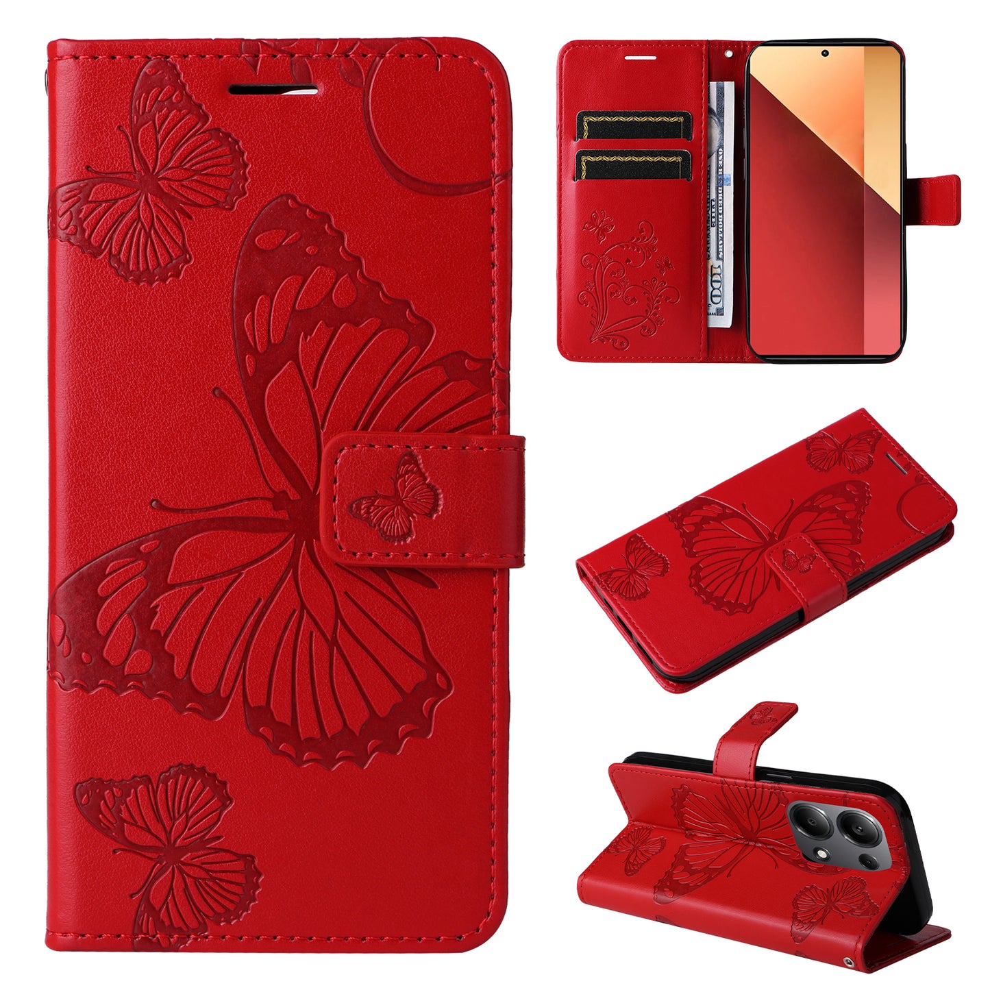 KT Imprinting Flower Series-2 For Xiaomi Redmi Note 13 Pro 4G / Poco M6 Pro 4G Case with Wrist Strap Leather Cover - Red