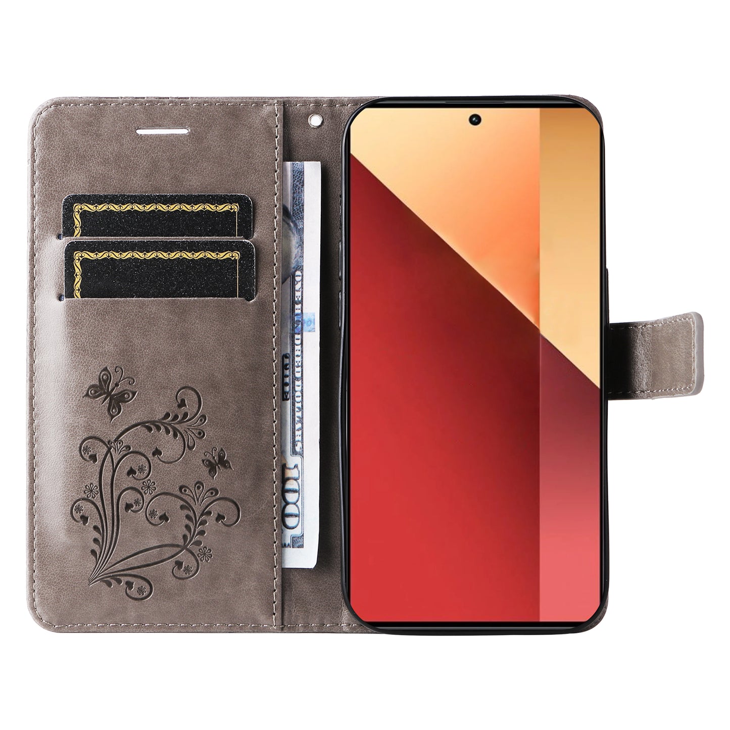 KT Imprinting Flower Series-2 For Xiaomi Redmi Note 13 Pro 4G / Poco M6 Pro 4G Case with Wrist Strap Leather Cover - Grey