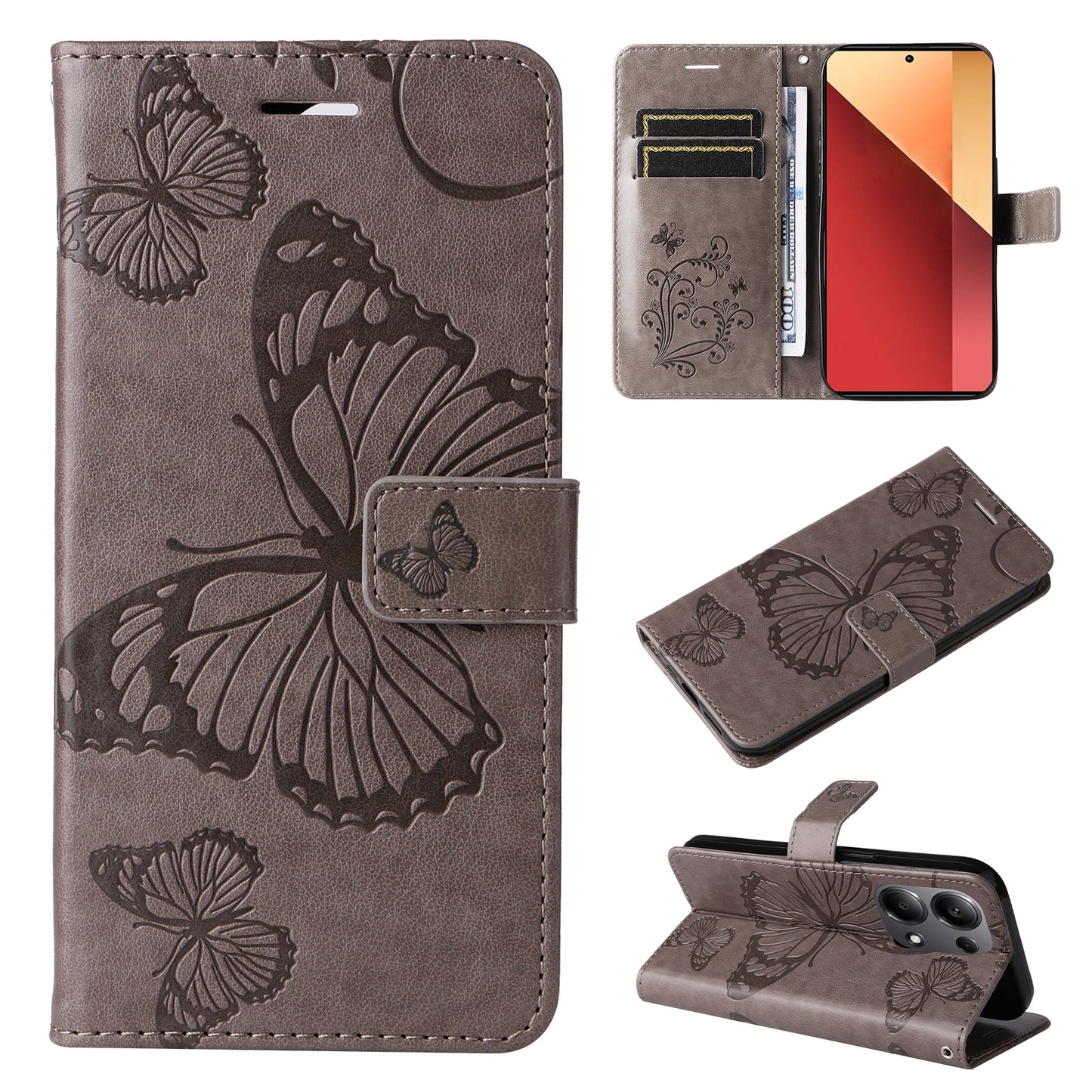 KT Imprinting Flower Series-2 For Xiaomi Redmi Note 13 Pro 4G / Poco M6 Pro 4G Case with Wrist Strap Leather Cover - Grey