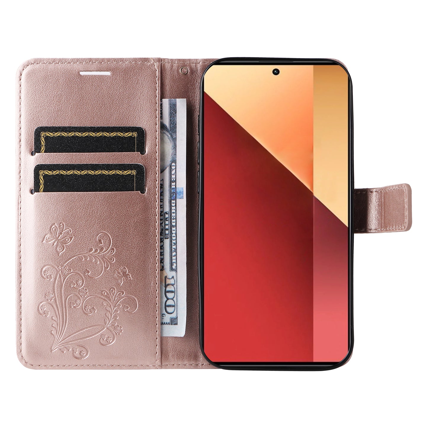 KT Imprinting Flower Series-2 For Xiaomi Redmi Note 13 Pro 4G / Poco M6 Pro 4G Case with Wrist Strap Leather Cover - Rose Gold