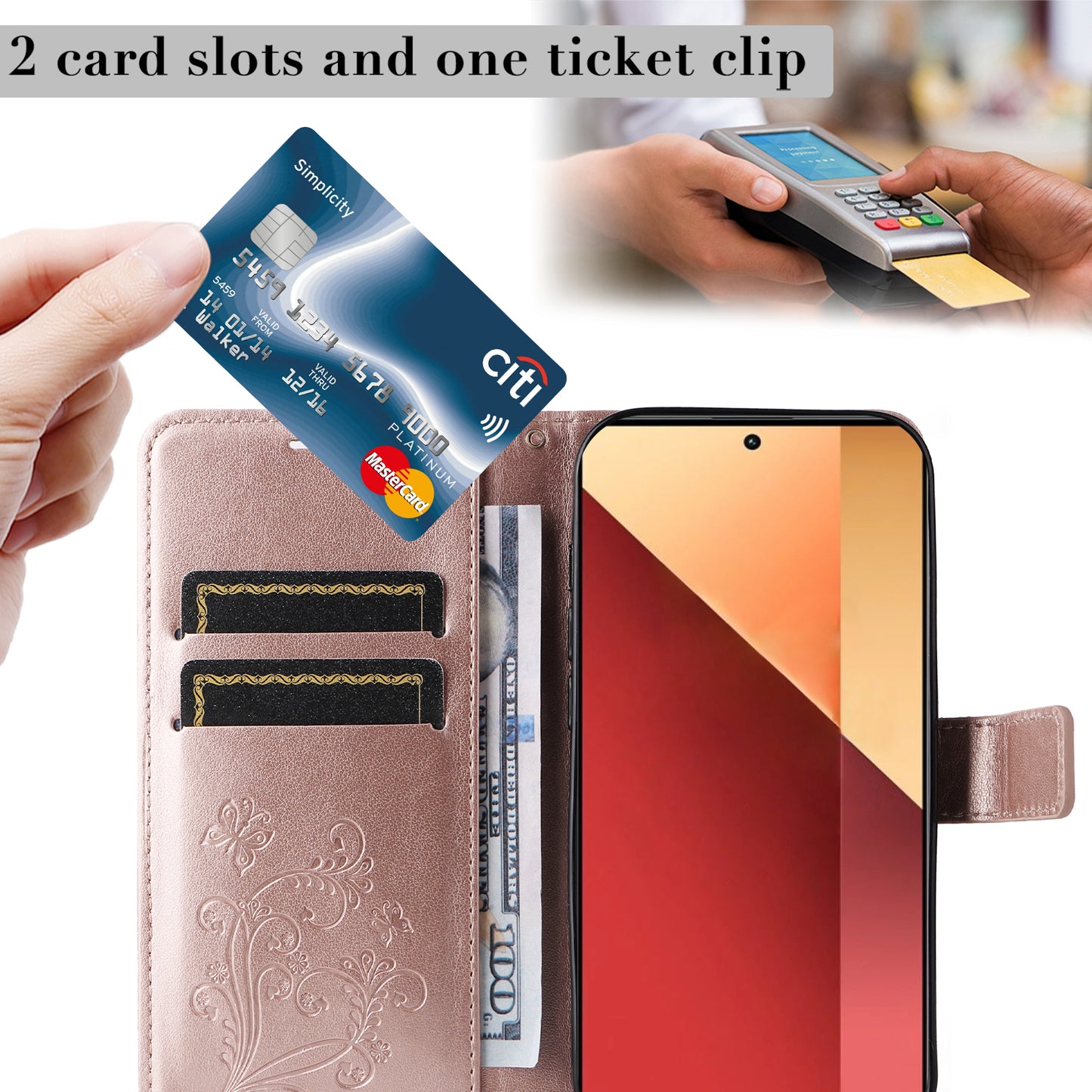 KT Imprinting Flower Series-2 For Xiaomi Redmi Note 13 Pro 4G / Poco M6 Pro 4G Case with Wrist Strap Leather Cover - Rose Gold
