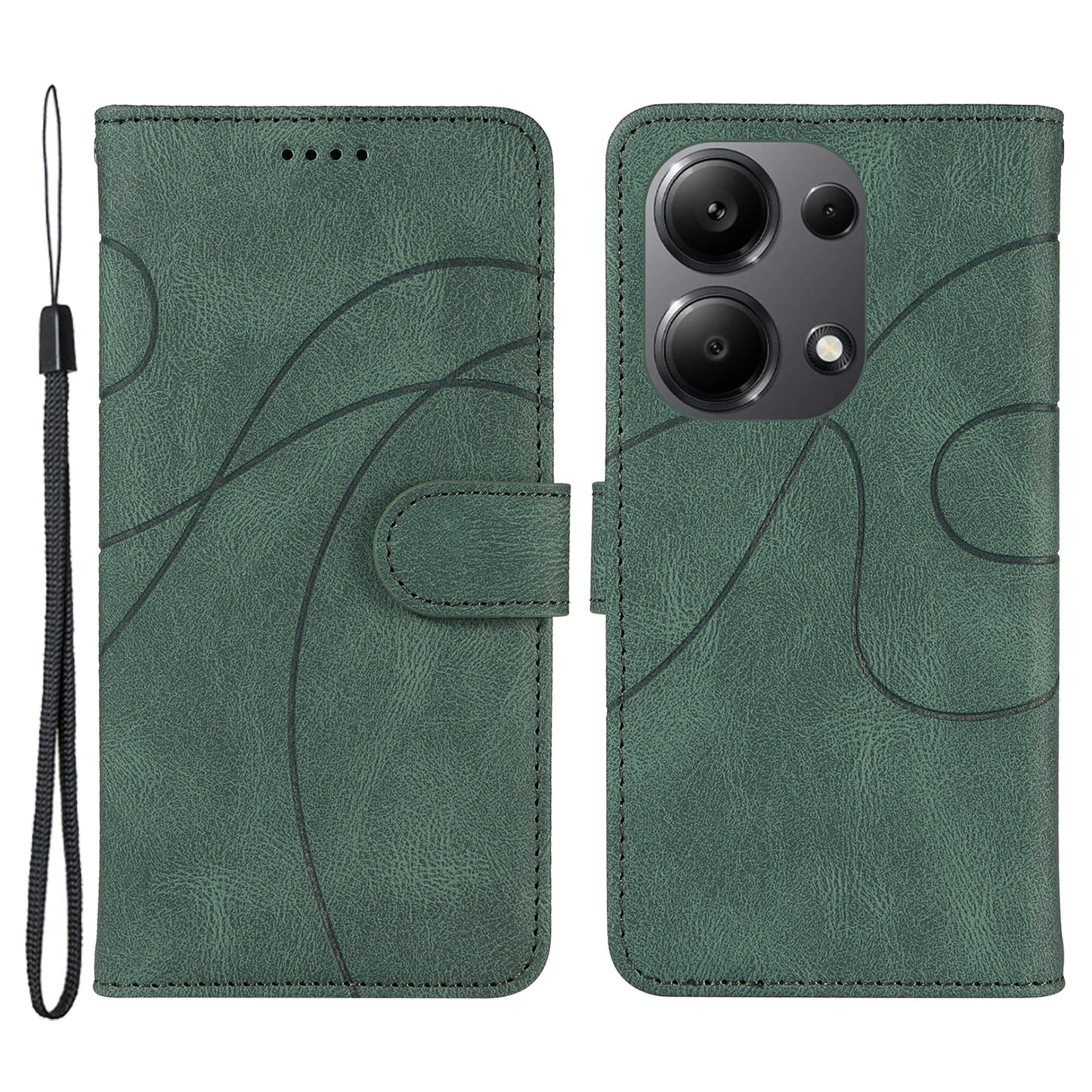 For Xiaomi Redmi Note 13 Pro 4G / Poco M6 Pro 4G Case Imprinted Curved Line Leather Cover - Green