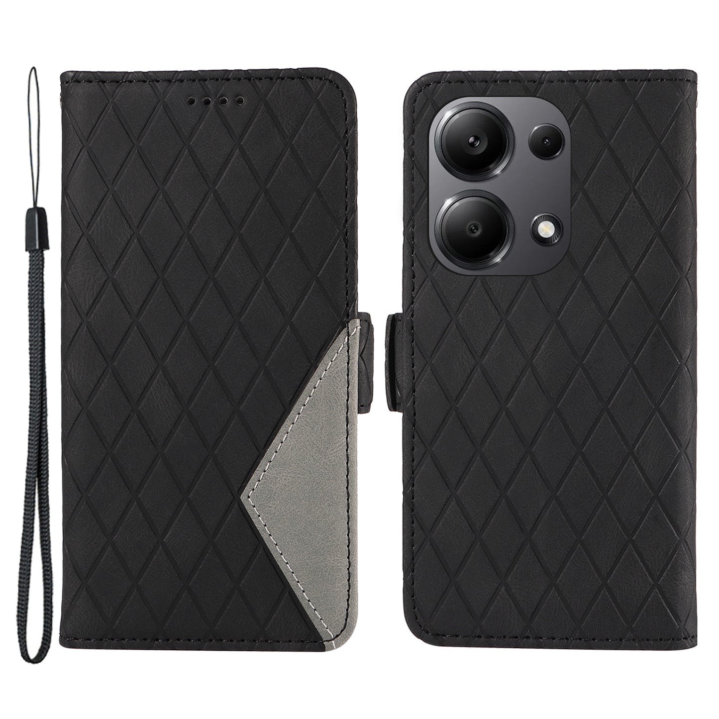 For Xiaomi Redmi Note 13 Pro 4G / Poco M6 Pro 4G Magnetic Case Leather Wallet Cover with Rhombus Pattern - Black