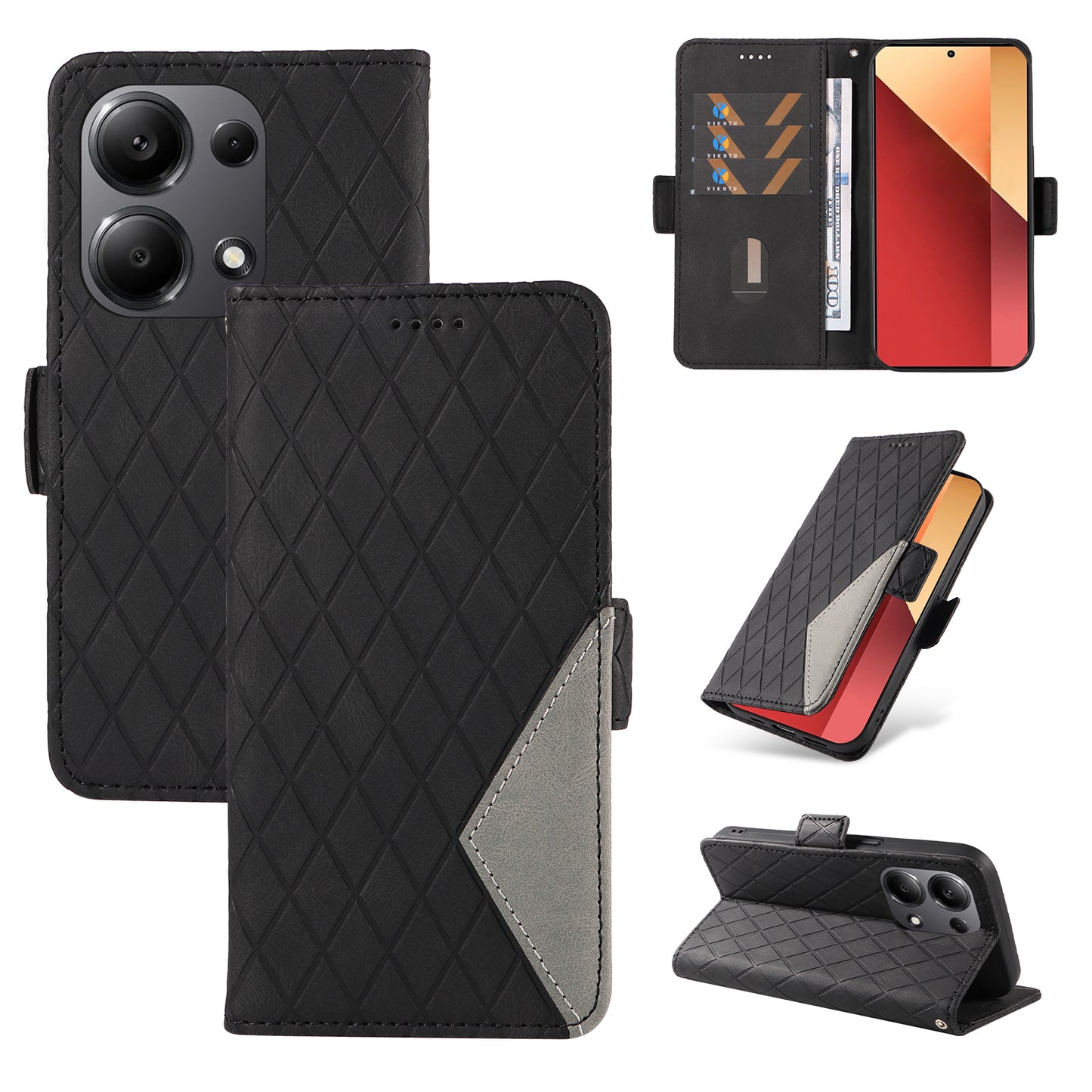 For Xiaomi Redmi Note 13 Pro 4G / Poco M6 Pro 4G Magnetic Case Leather Wallet Cover with Rhombus Pattern - Black