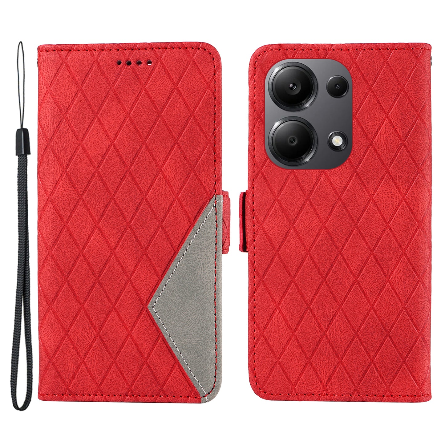 For Xiaomi Redmi Note 13 Pro 4G / Poco M6 Pro 4G Magnetic Case Leather Wallet Cover with Rhombus Pattern - Red
