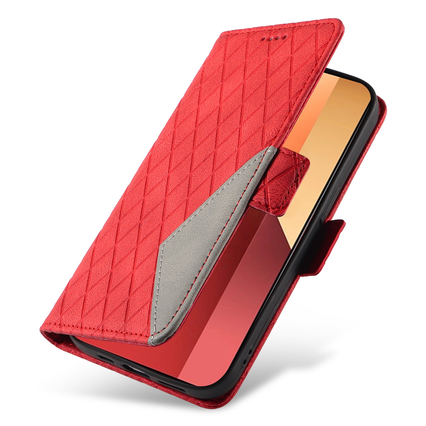 For Xiaomi Redmi Note 13 Pro 4G / Poco M6 Pro 4G Magnetic Case Leather Wallet Cover with Rhombus Pattern - Red
