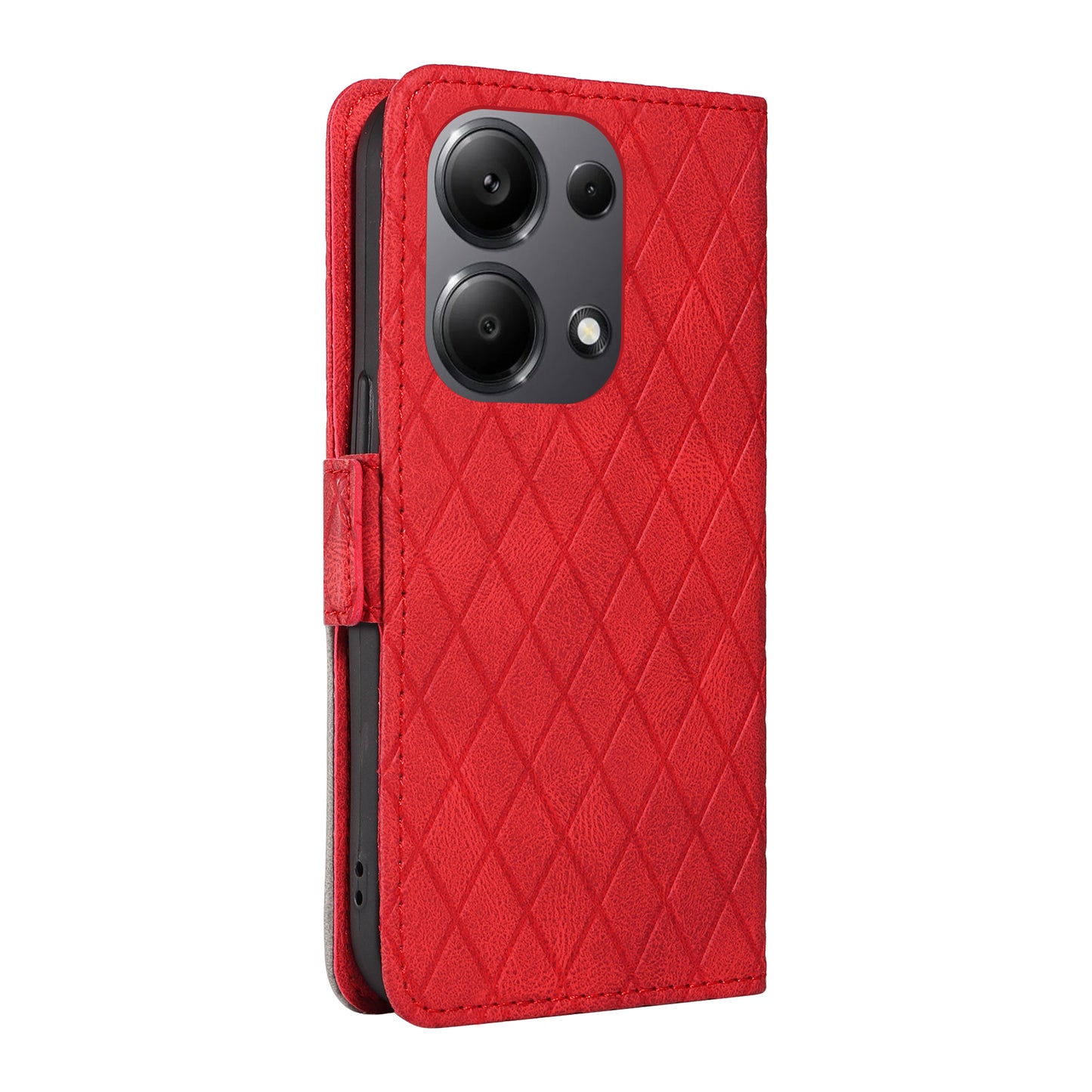 For Xiaomi Redmi Note 13 Pro 4G / Poco M6 Pro 4G Magnetic Case Leather Wallet Cover with Rhombus Pattern - Red
