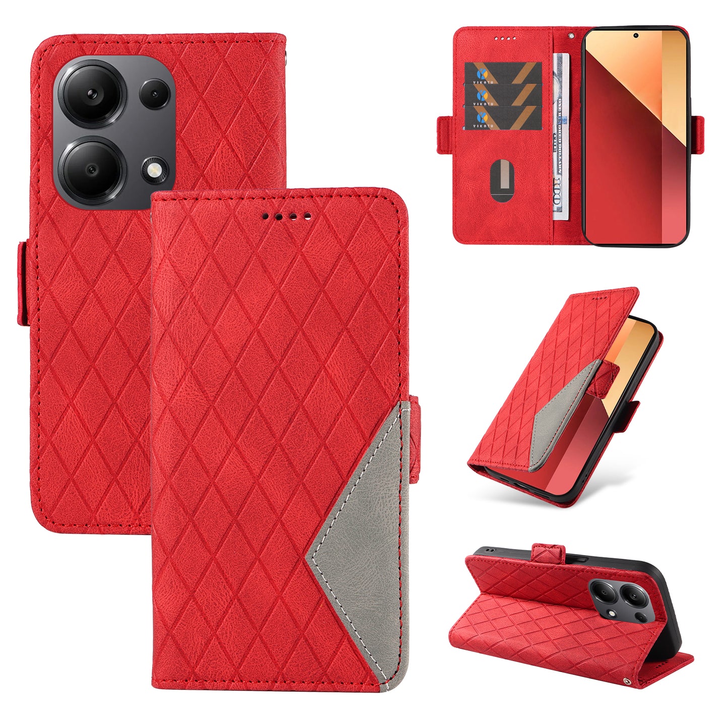 For Xiaomi Redmi Note 13 Pro 4G / Poco M6 Pro 4G Magnetic Case Leather Wallet Cover with Rhombus Pattern - Red