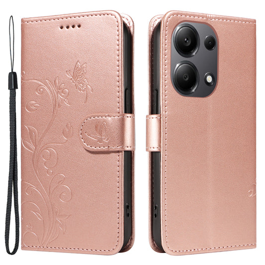 For Xiaomi Redmi Note 13 Pro 4G / Poco M6 Pro 4G Case Butterfly Flower Pattern Wallet Style Phone Cover - Rose Gold