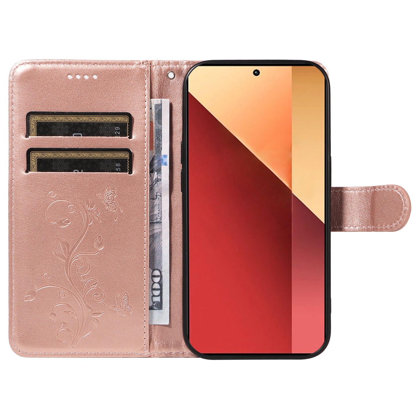 For Xiaomi Redmi Note 13 Pro 4G / Poco M6 Pro 4G Case Butterfly Flower Pattern Wallet Style Phone Cover - Rose Gold