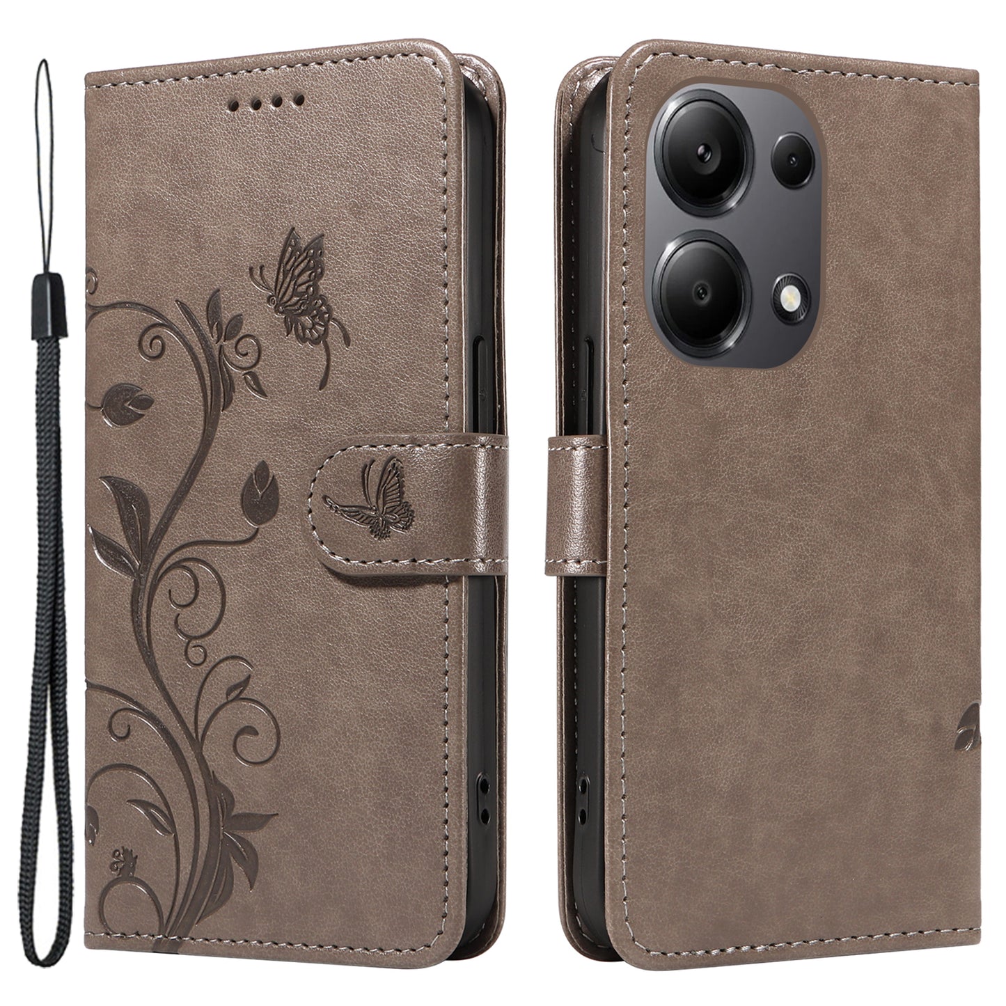 For Xiaomi Redmi Note 13 Pro 4G / Poco M6 Pro 4G Case Butterfly Flower Pattern Wallet Style Phone Cover - Grey