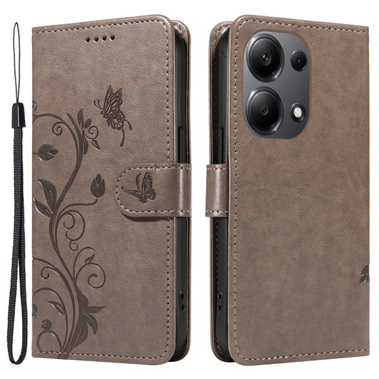 For Xiaomi Redmi Note 13 Pro 4G / Poco M6 Pro 4G Case Butterfly Flower Pattern Wallet Style Phone Cover - Grey