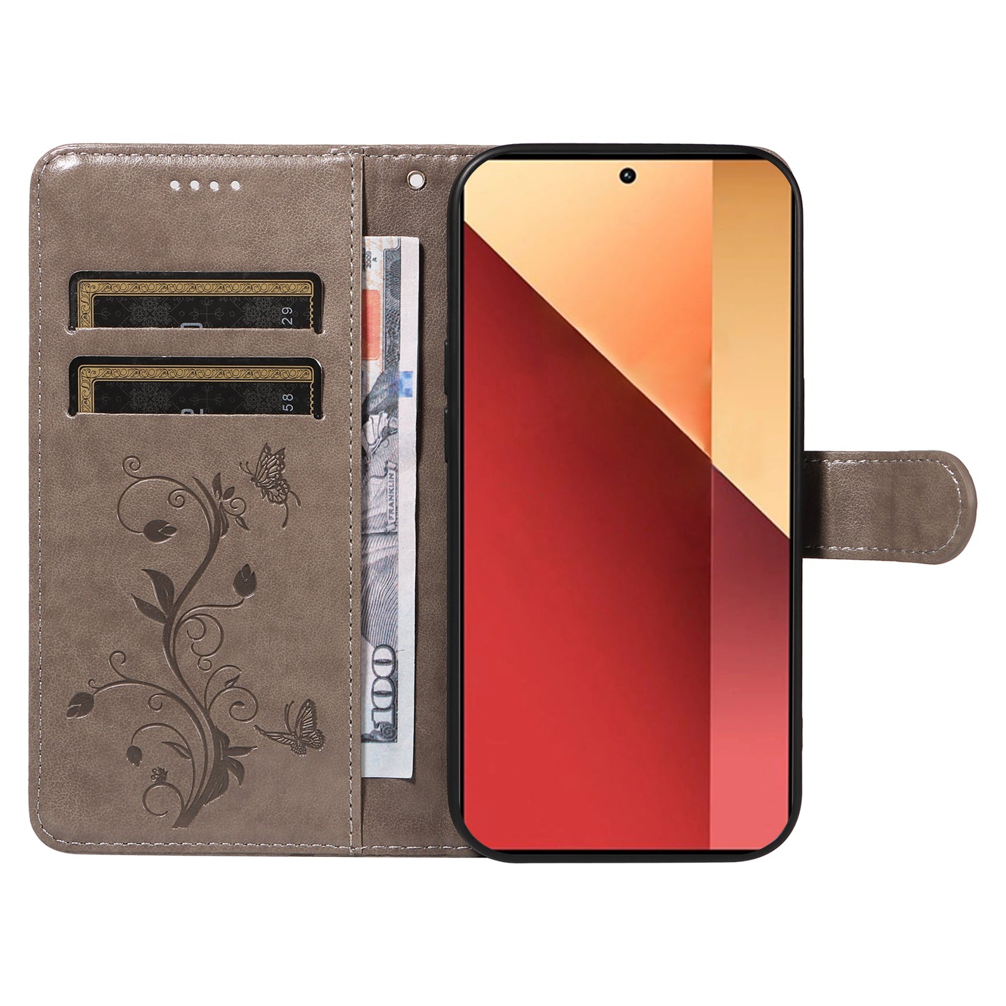 For Xiaomi Redmi Note 13 Pro 4G / Poco M6 Pro 4G Case Butterfly Flower Pattern Wallet Style Phone Cover - Grey