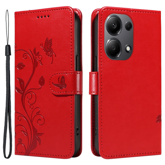 For Xiaomi Redmi Note 13 Pro 4G / Poco M6 Pro 4G Case Butterfly Flower Pattern Wallet Style Phone Cover - Red
