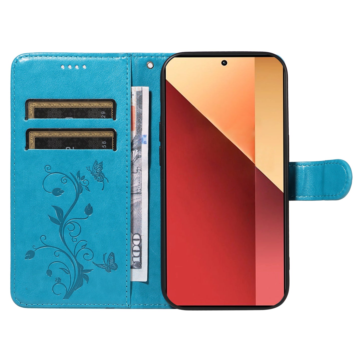 For Xiaomi Redmi Note 13 Pro 4G / Poco M6 Pro 4G Case Butterfly Flower Pattern Wallet Style Phone Cover - Blue