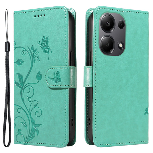 For Xiaomi Redmi Note 13 Pro 4G / Poco M6 Pro 4G Case Butterfly Flower Pattern Wallet Style Phone Cover - Green