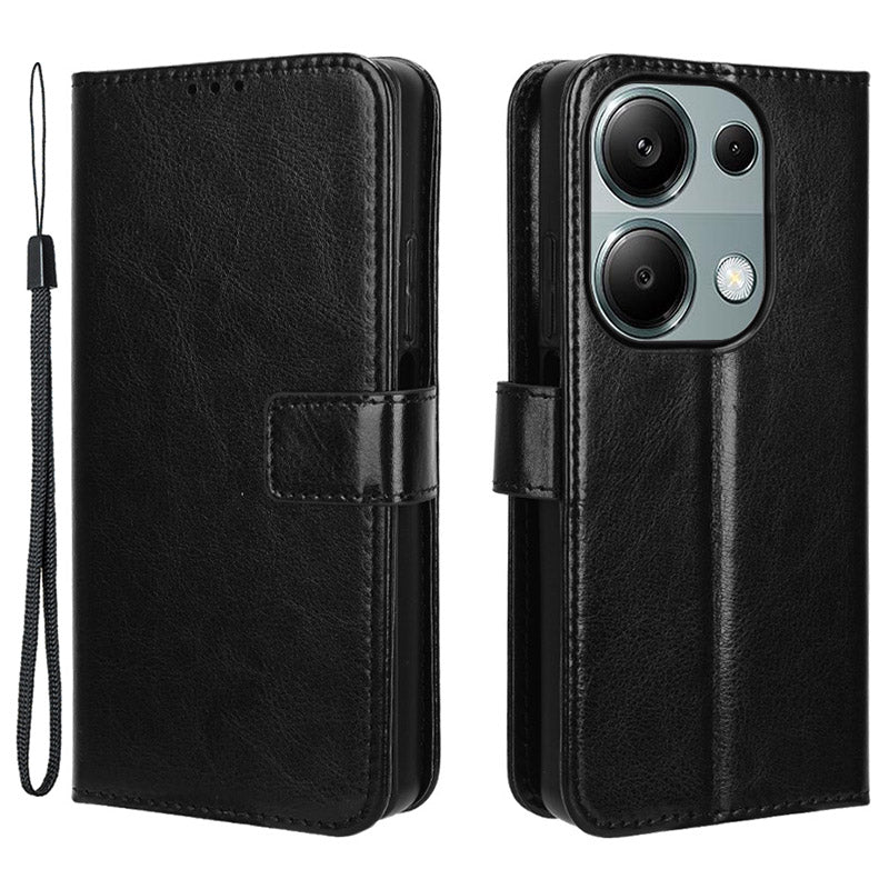 For Xiaomi Redmi Note 13 Pro 4G / Poco M6 Pro 4G Case Stand Wrist Strap Phone Cover Crazy Horse Texture - Black