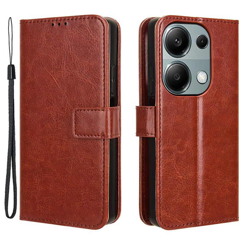 For Xiaomi Redmi Note 13 Pro 4G / Poco M6 Pro 4G Case Stand Wrist Strap Phone Cover Crazy Horse Texture - Brown