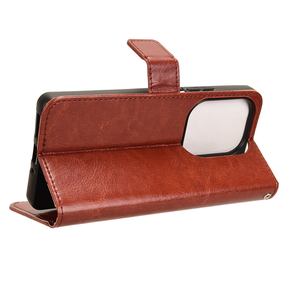 For Xiaomi Redmi Note 13 Pro 4G / Poco M6 Pro 4G Case Stand Wrist Strap Phone Cover Crazy Horse Texture - Brown
