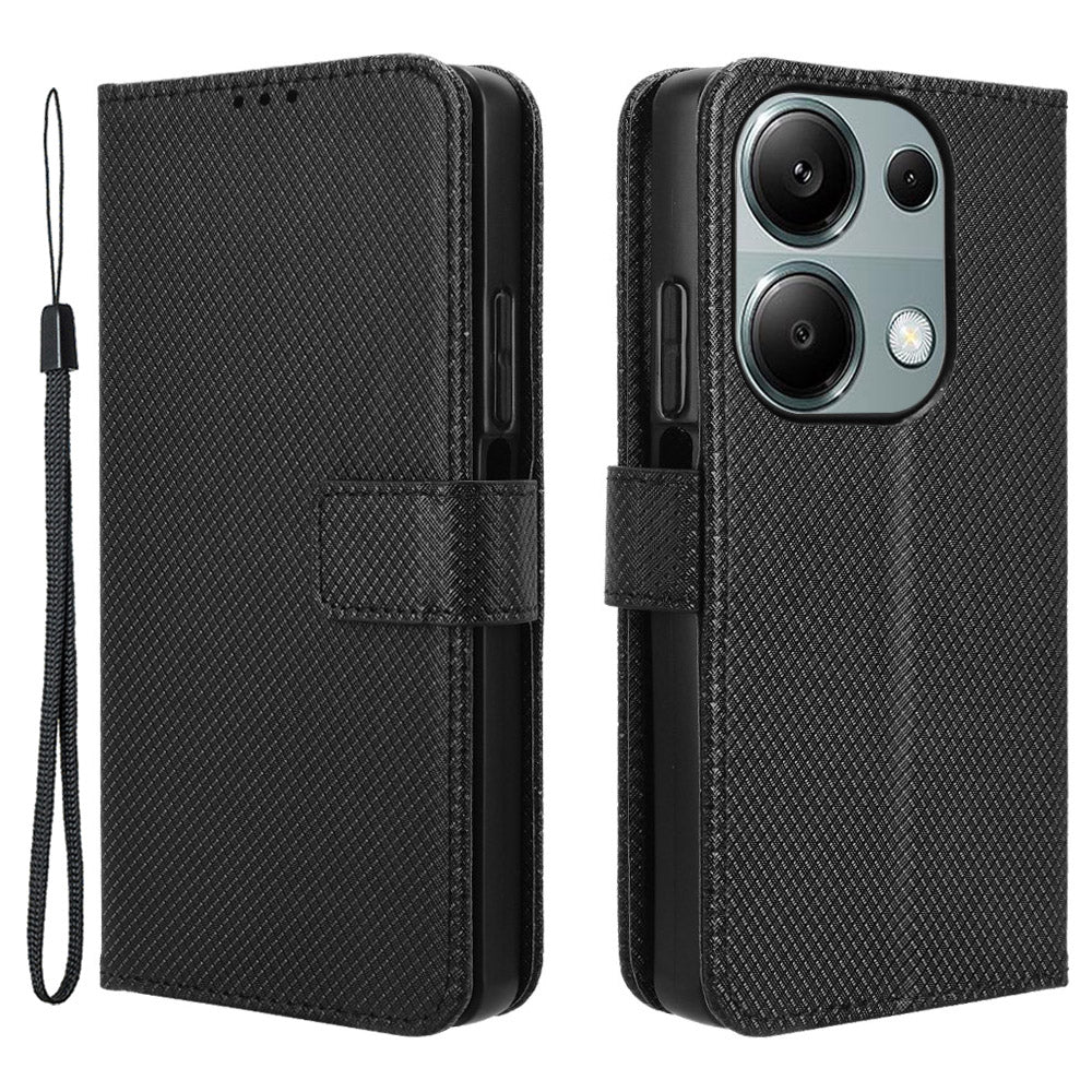 For Xiaomi Redmi Note 13 Pro 4G / Poco M6 Pro 4G Leather Case Diamond Texture Flip Protective Phone Cover - Black