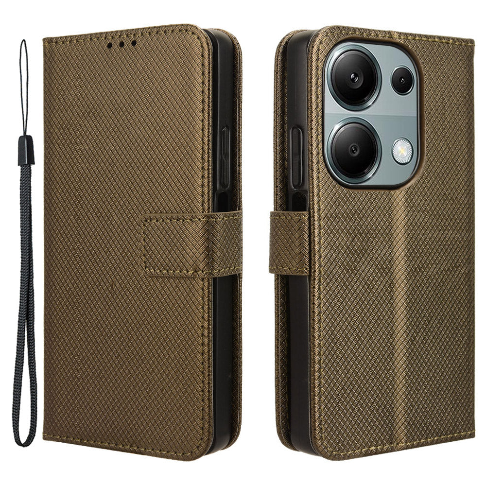 For Xiaomi Redmi Note 13 Pro 4G / Poco M6 Pro 4G Leather Case Diamond Texture Flip Protective Phone Cover - Brown