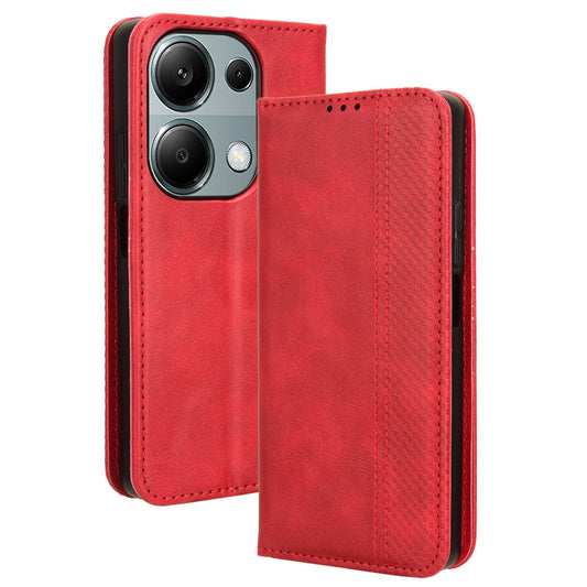 For Xiaomi Redmi Note 13 Pro 4G / Poco M6 Pro 4G Wallet Case Leather Vintage Phone Cover - Red