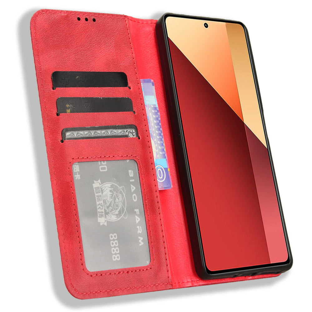 For Xiaomi Redmi Note 13 Pro 4G / Poco M6 Pro 4G Wallet Case Leather Vintage Phone Cover - Red