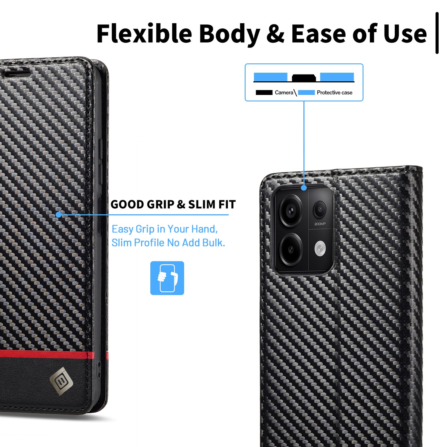 LC.IMEEKE For Xiaomi Redmi Note 13 4G Wallet Case Carbon Fiber Texture Leather Flip Phone Cover - Horizontal Stripe