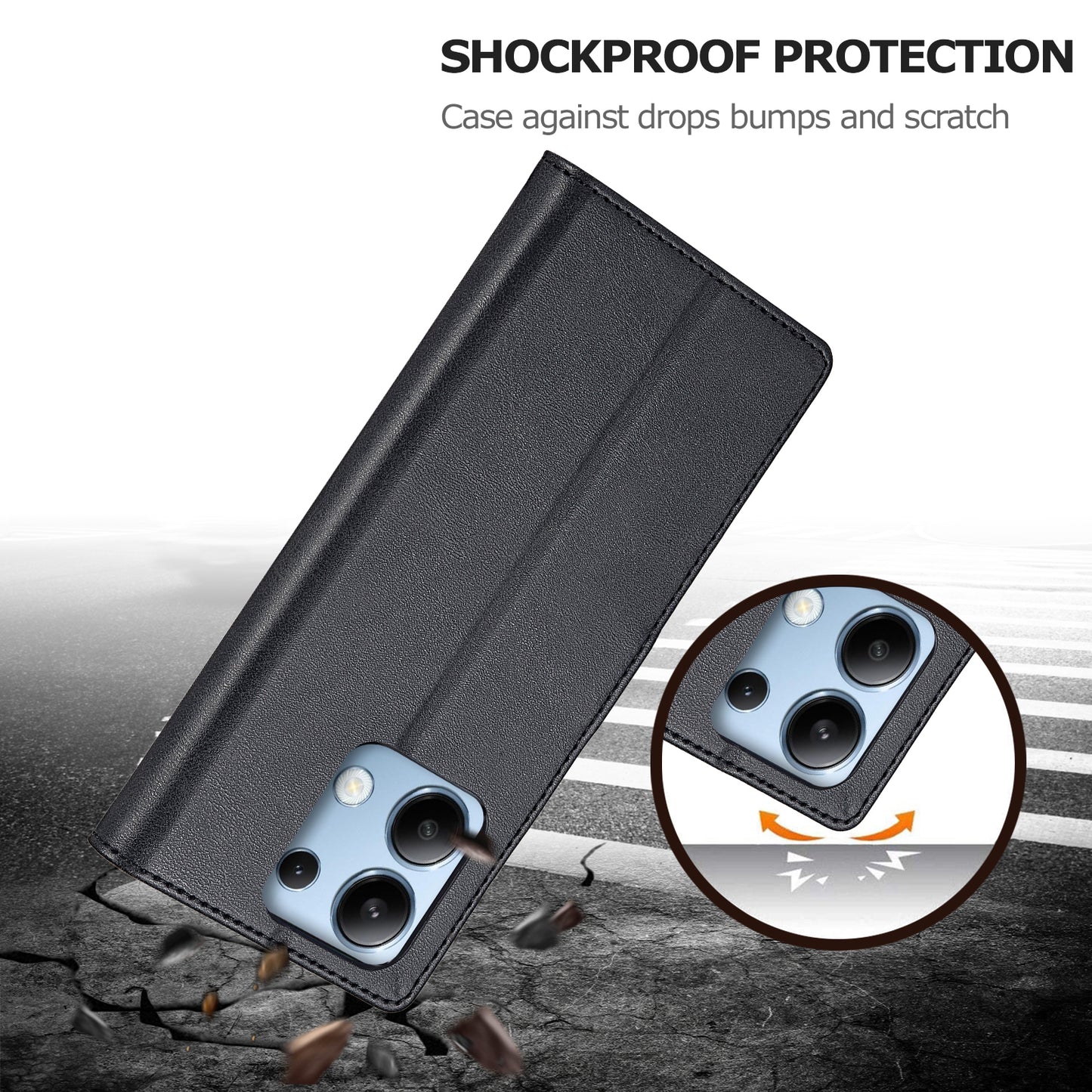 LC.IMEEKE For Xiaomi Redmi Note 13 4G Wallet Case Calf Texture Leather Folio Phone Cover - Black