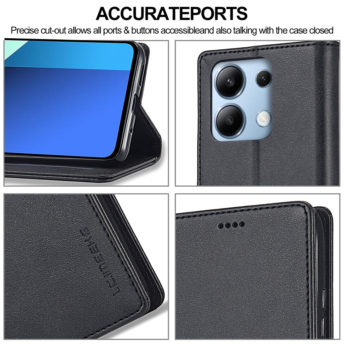 LC.IMEEKE For Xiaomi Redmi Note 13 4G Wallet Case Calf Texture Leather Folio Phone Cover - Black