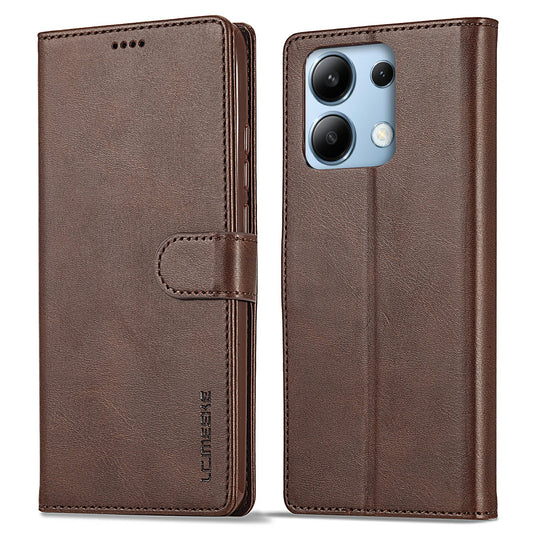 LC.IMEEKE For Xiaomi Redmi Note 13 4G Wallet Case Calf Texture Leather Folio Phone Cover - Brown