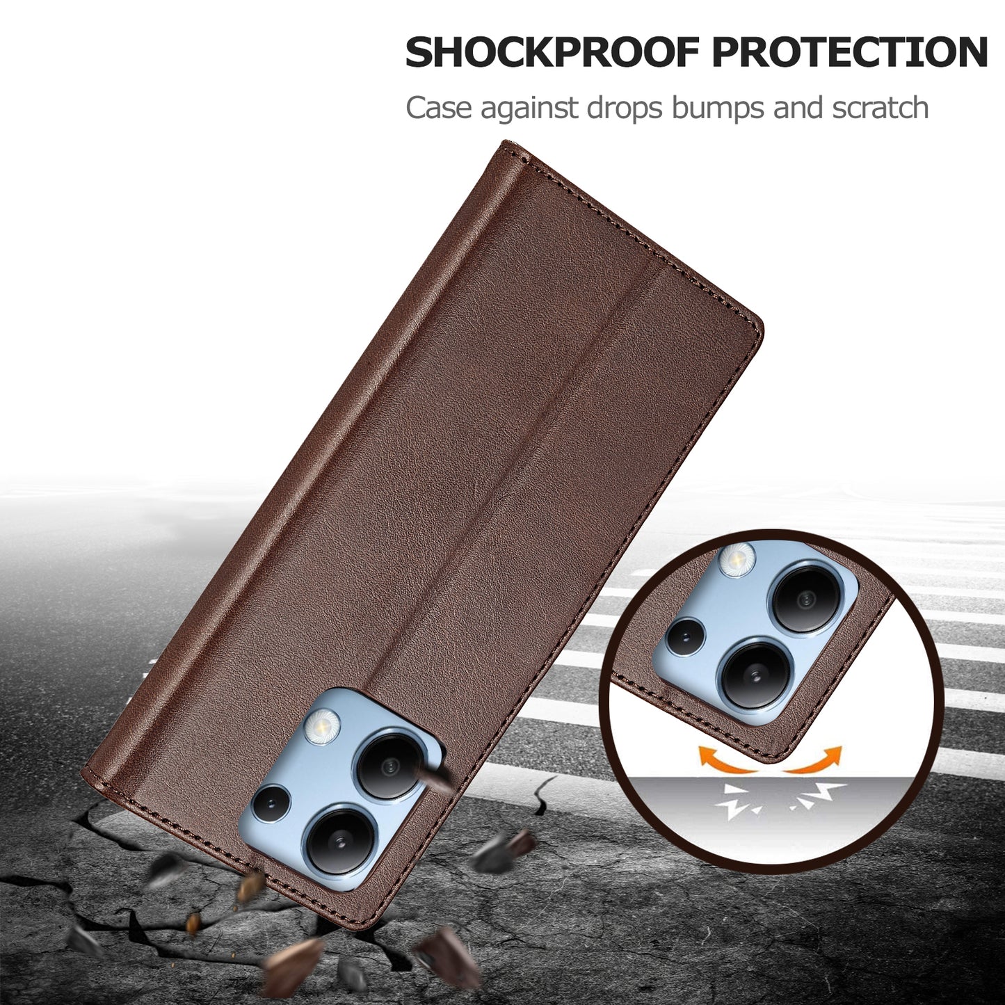 LC.IMEEKE For Xiaomi Redmi Note 13 4G Wallet Case Calf Texture Leather Folio Phone Cover - Brown