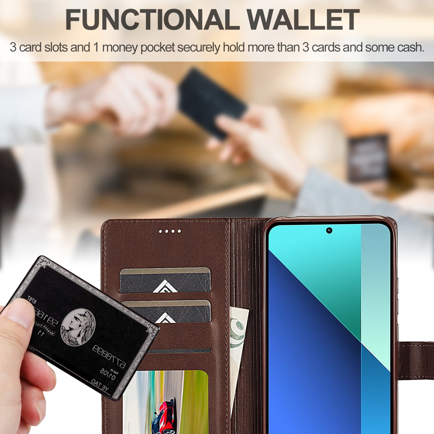LC.IMEEKE For Xiaomi Redmi Note 13 4G Wallet Case Calf Texture Leather Folio Phone Cover - Brown