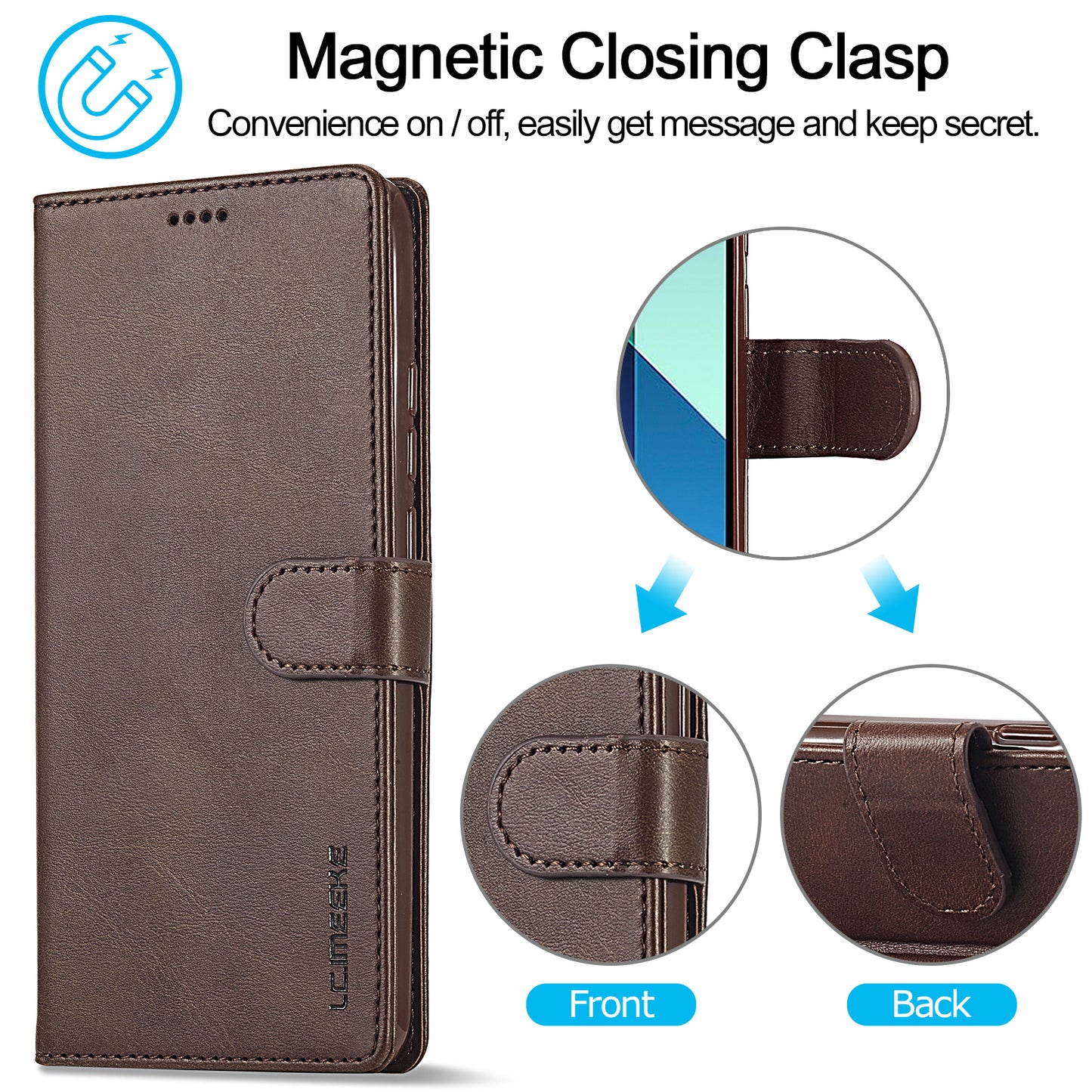 LC.IMEEKE For Xiaomi Redmi Note 13 4G Wallet Case Calf Texture Leather Folio Phone Cover - Brown