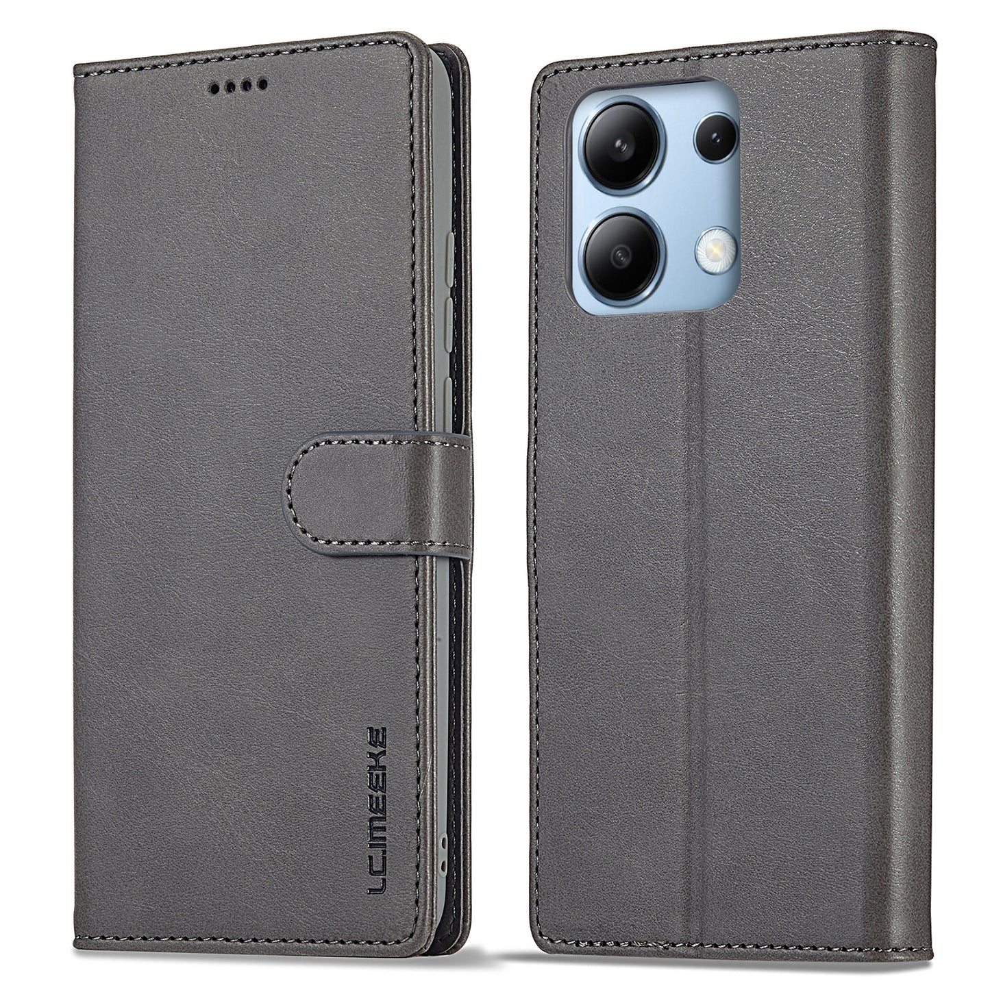 LC.IMEEKE For Xiaomi Redmi Note 13 4G Wallet Case Calf Texture Leather Folio Phone Cover - Grey