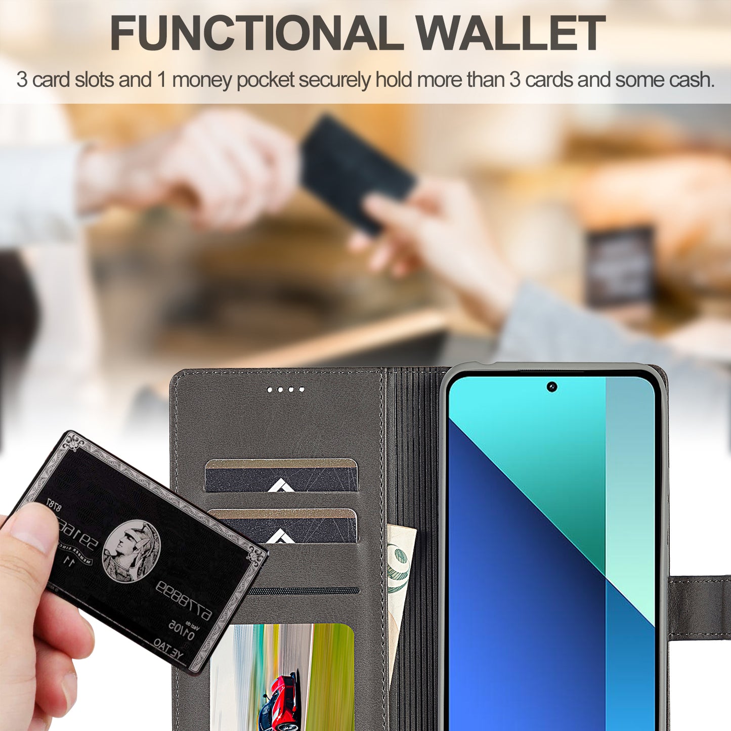 LC.IMEEKE For Xiaomi Redmi Note 13 4G Wallet Case Calf Texture Leather Folio Phone Cover - Grey