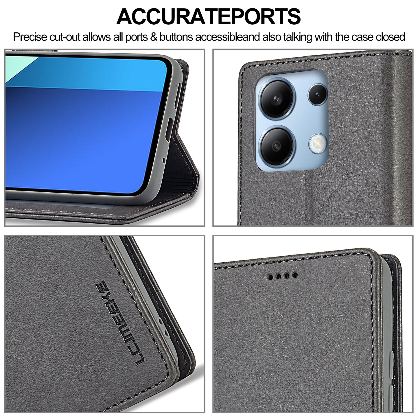 LC.IMEEKE For Xiaomi Redmi Note 13 4G Wallet Case Calf Texture Leather Folio Phone Cover - Grey