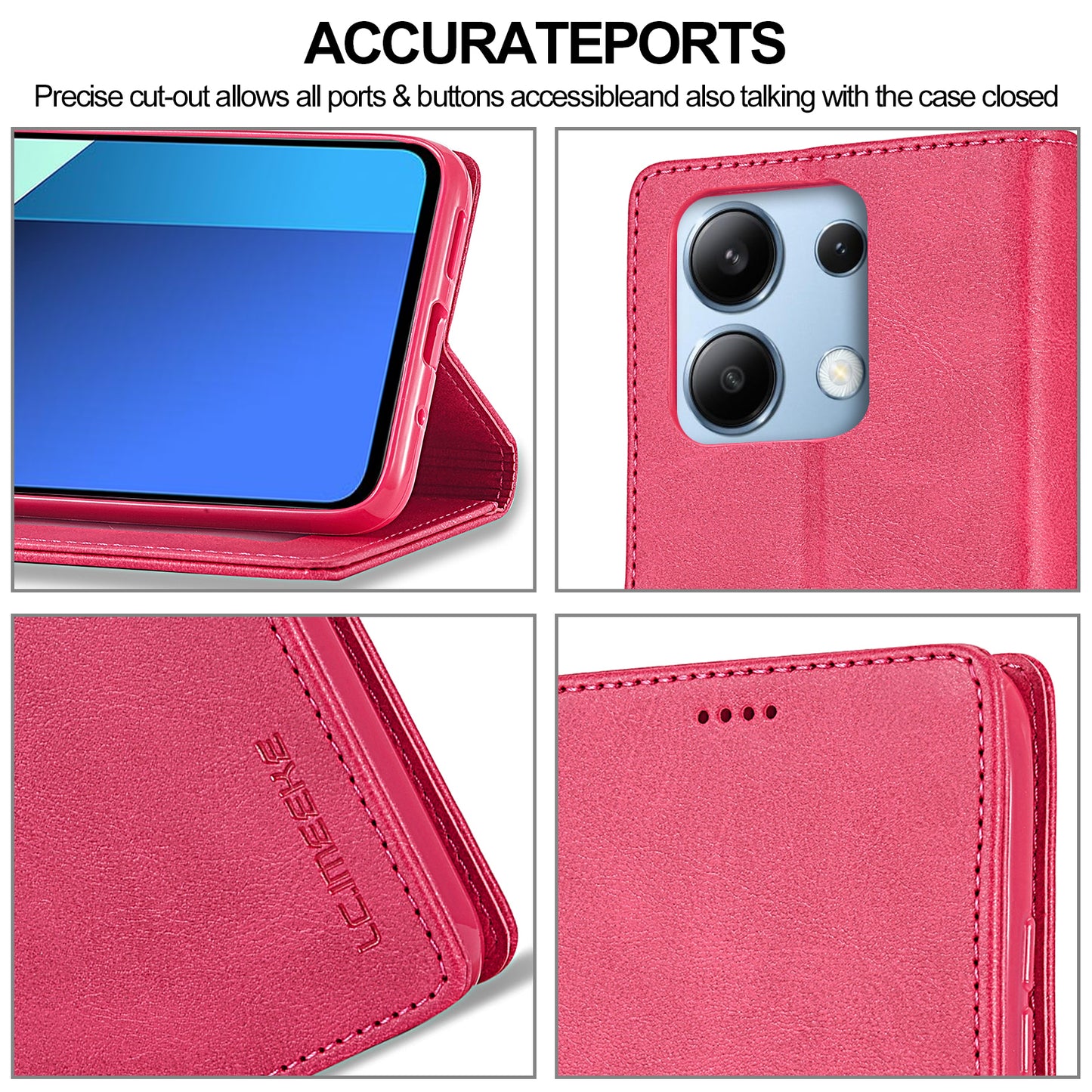LC.IMEEKE For Xiaomi Redmi Note 13 4G Wallet Case Calf Texture Leather Folio Phone Cover - Rose