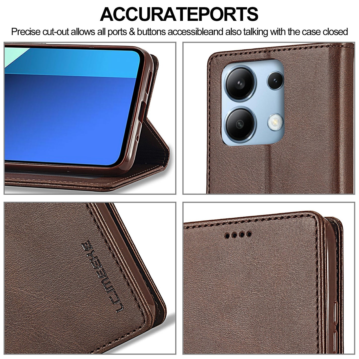 LC.IMEEKE For Xiaomi Redmi Note 13 Pro 4G / Poco M6 Pro 4G Leather Case Folio Stand View Phone Cover - Brown