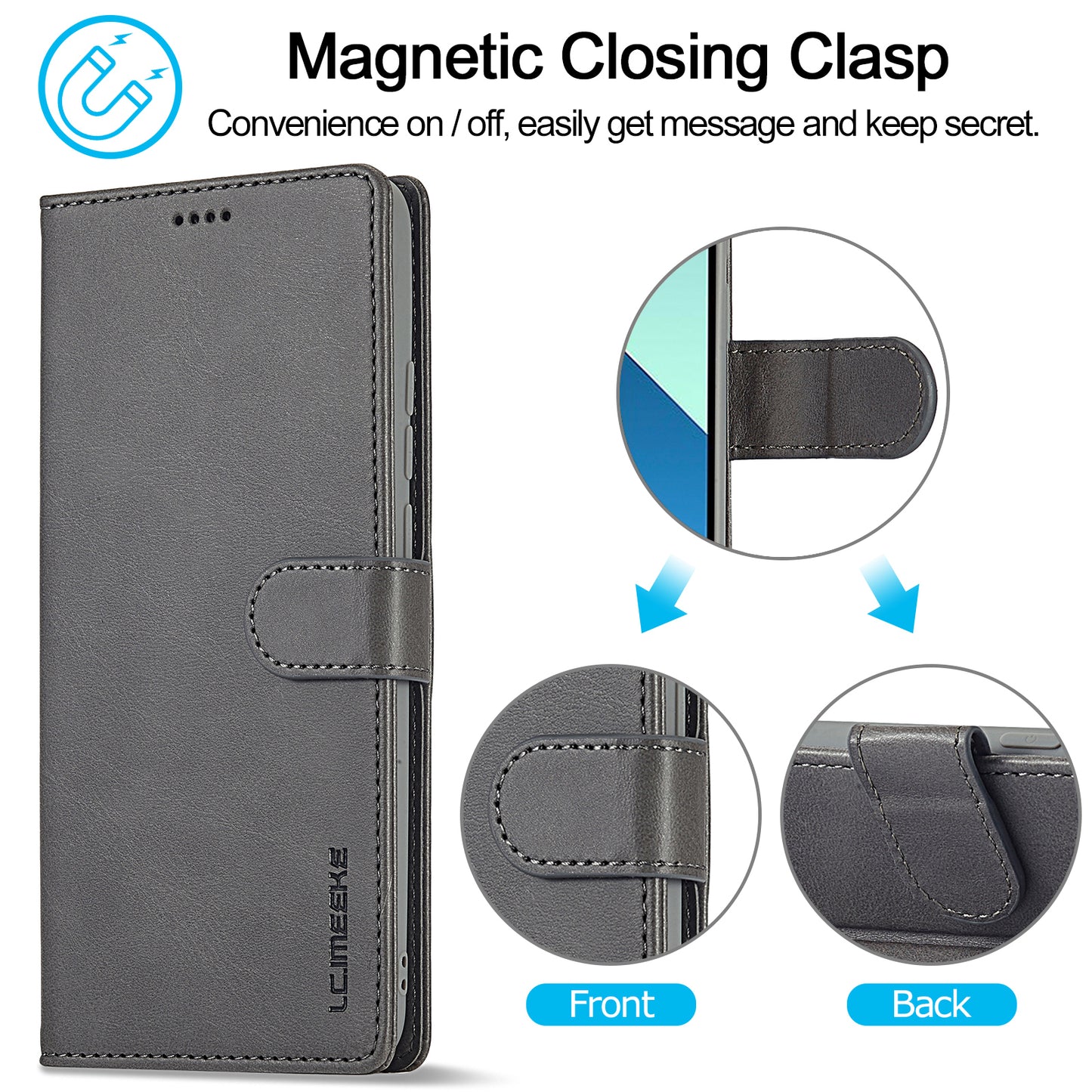 LC.IMEEKE For Xiaomi Redmi Note 13 Pro 4G / Poco M6 Pro 4G Leather Case Folio Stand View Phone Cover - Grey