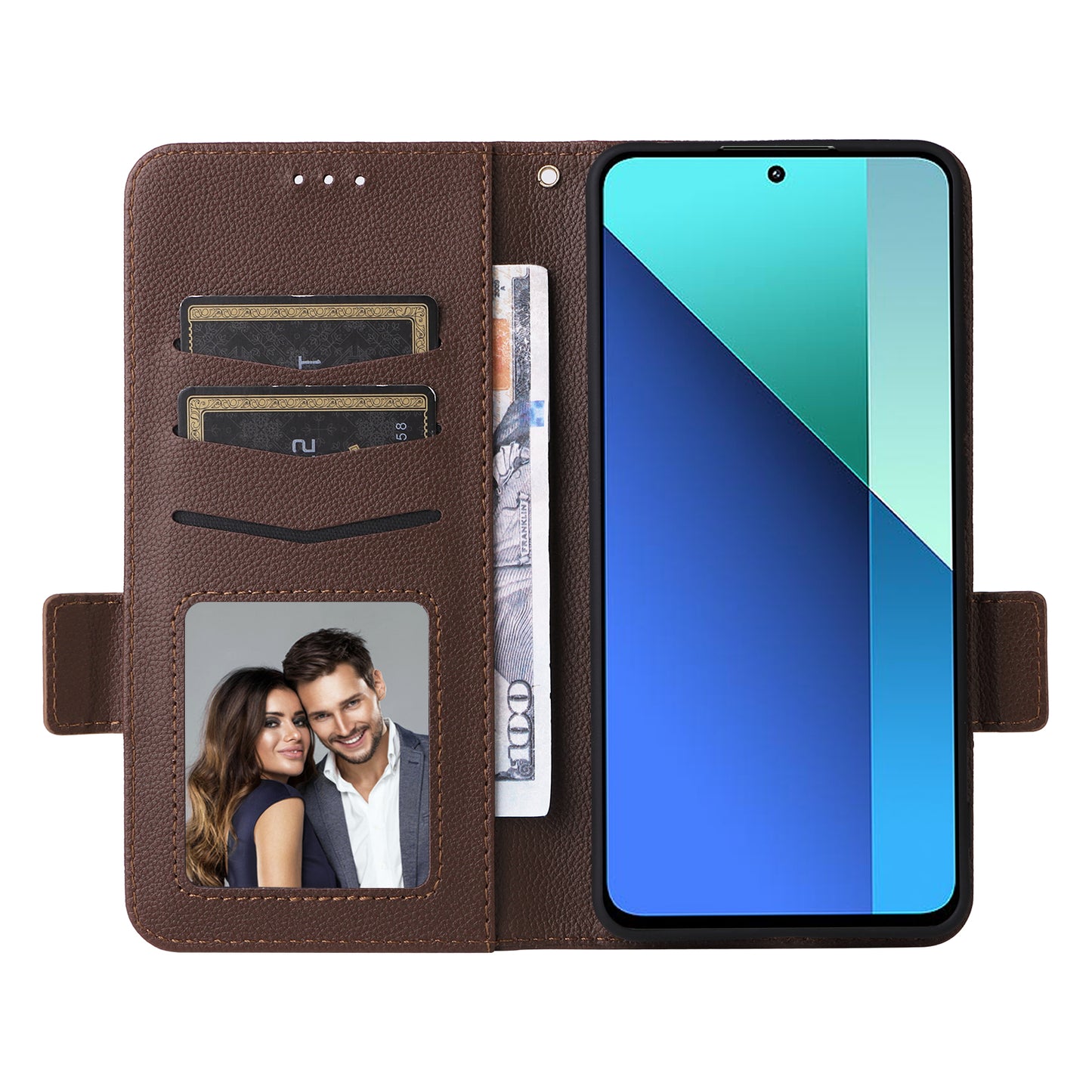 For Xiaomi Redmi Note 13 4G Shockproof Phone Case PU Leather Flip Cover - Brown