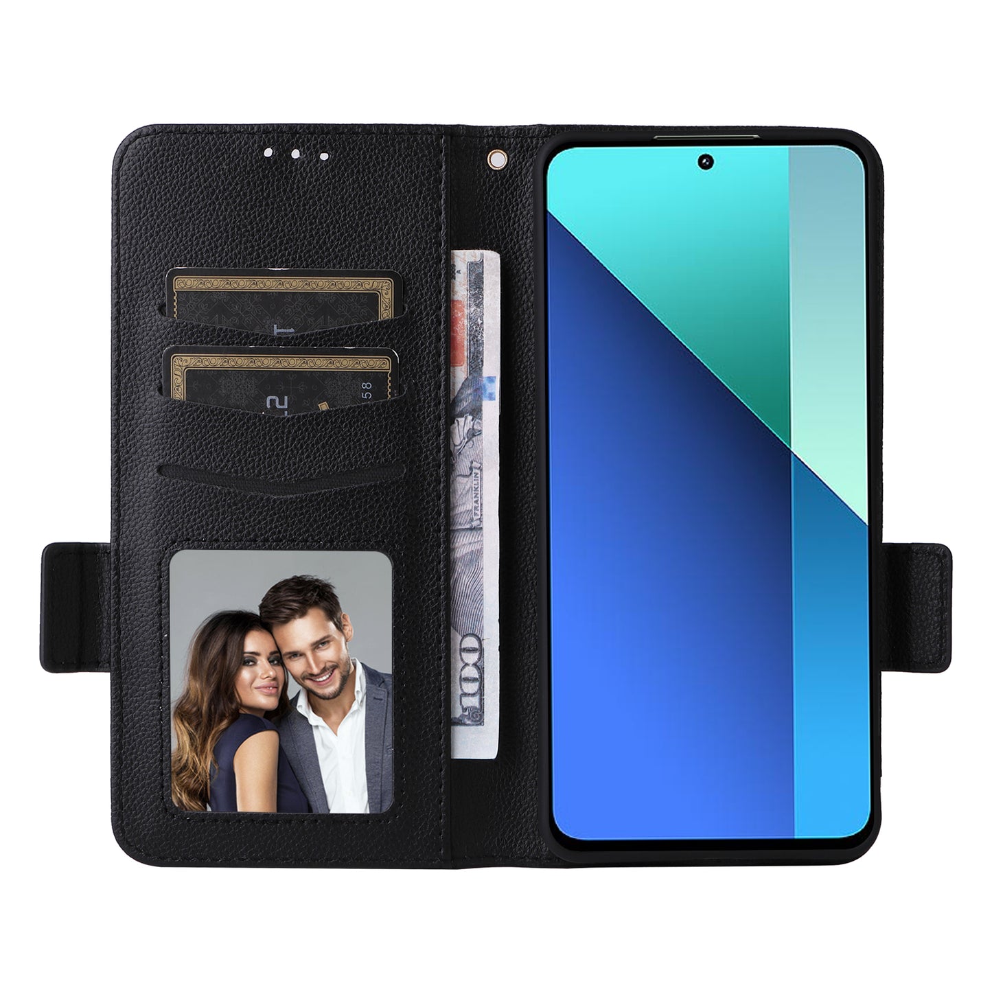 For Xiaomi Redmi Note 13 4G Shockproof Phone Case PU Leather Flip Cover - Black