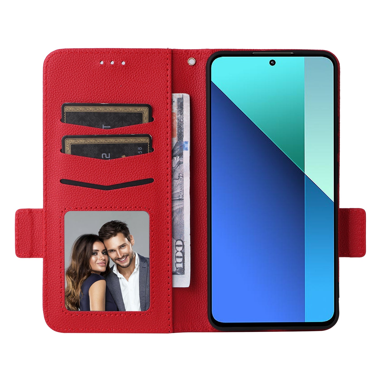 For Xiaomi Redmi Note 13 4G Shockproof Phone Case PU Leather Flip Cover - Red