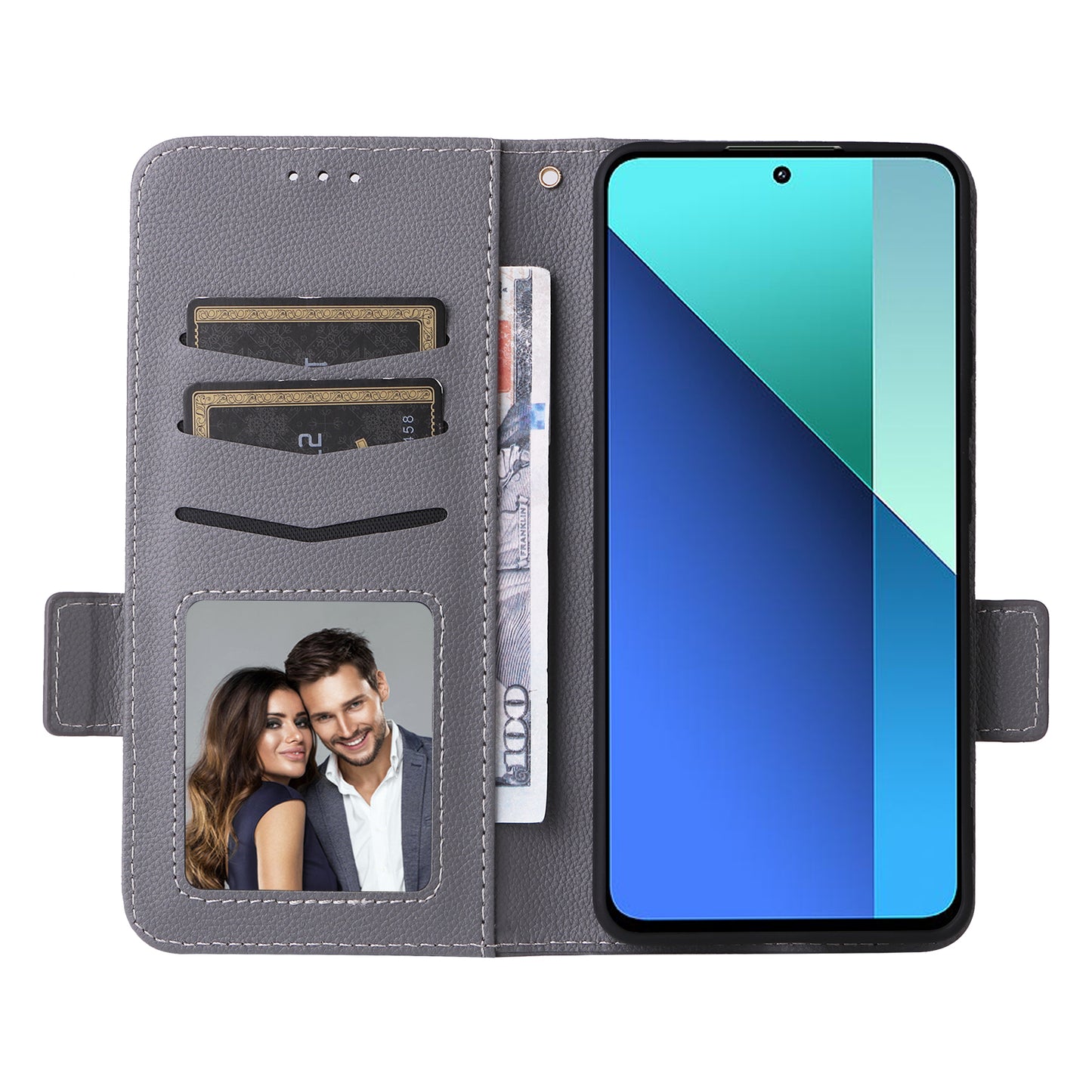 For Xiaomi Redmi Note 13 4G Shockproof Phone Case PU Leather Flip Cover - Grey